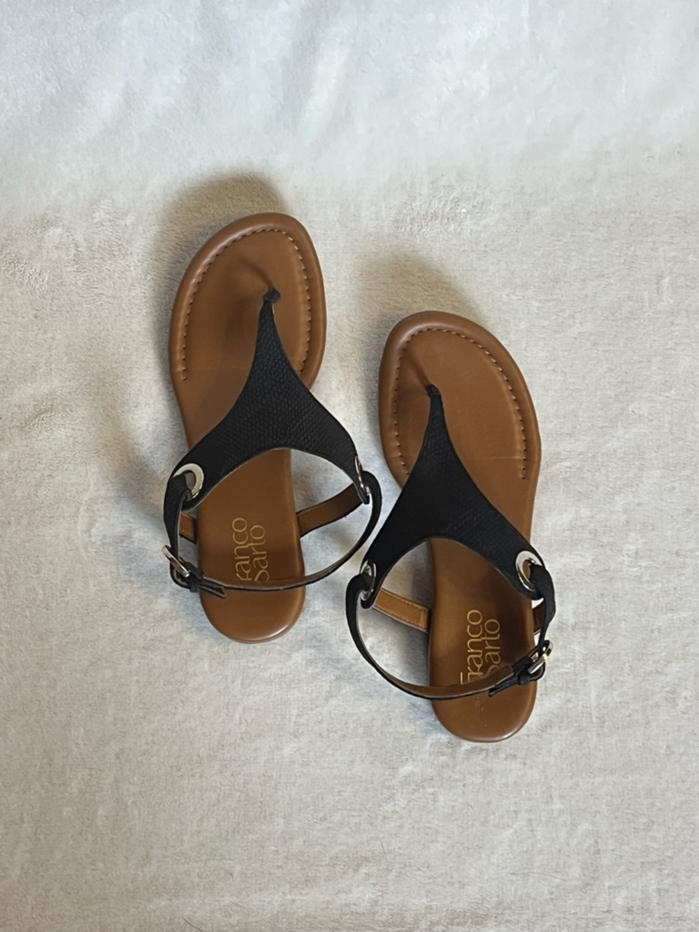 Franco Sarto Black & Brown Leather T-Strap Sandals